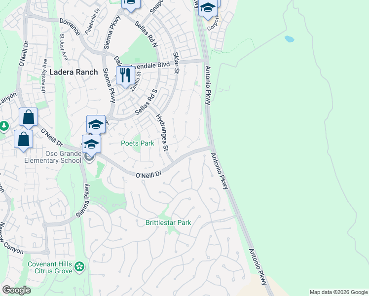 map of restaurants, bars, coffee shops, grocery stores, and more near 37 Craftsbury Place in Ladera Ranch