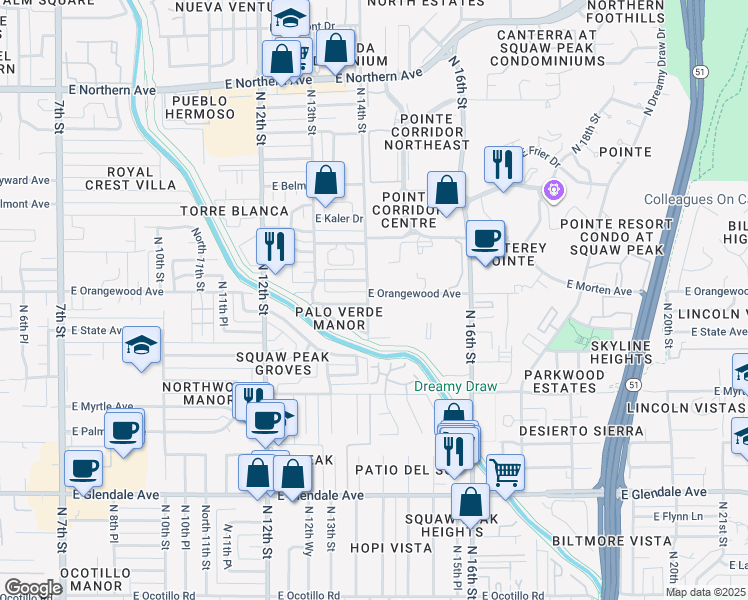 map of restaurants, bars, coffee shops, grocery stores, and more near 1411 East Orangewood Avenue in Phoenix