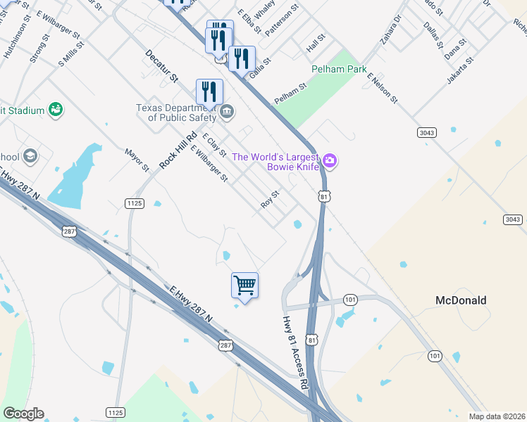 map of restaurants, bars, coffee shops, grocery stores, and more near 908 East Wilbarger Street in Bowie