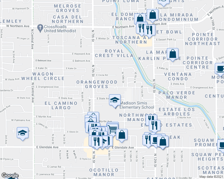 map of restaurants, bars, coffee shops, grocery stores, and more near 815 East Orangewood Avenue in Phoenix