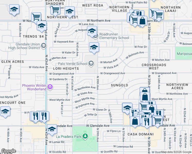 map of restaurants, bars, coffee shops, grocery stores, and more near 7340 North 39th Avenue in Phoenix
