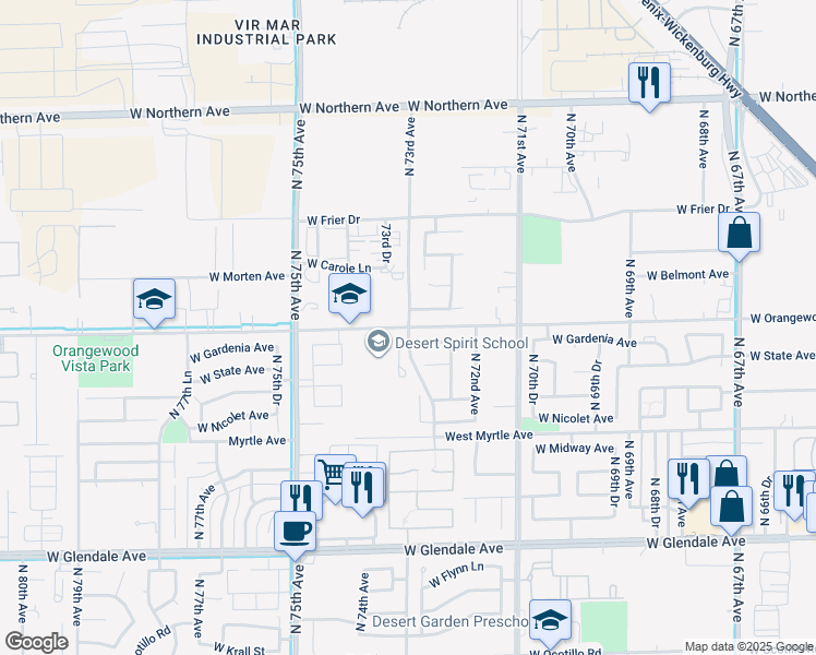 map of restaurants, bars, coffee shops, grocery stores, and more near 7285 West Orangewood Avenue in Glendale