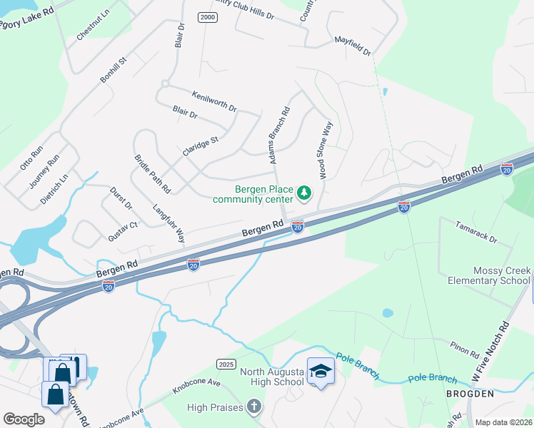 map of restaurants, bars, coffee shops, grocery stores, and more near 204 Longstreet Crossing in North Augusta