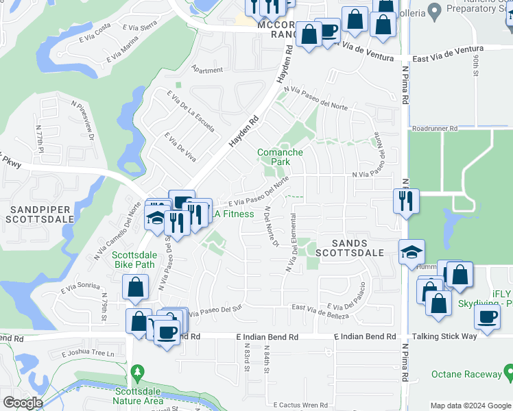 map of restaurants, bars, coffee shops, grocery stores, and more near 8366 East Vía De La Escuela in Scottsdale