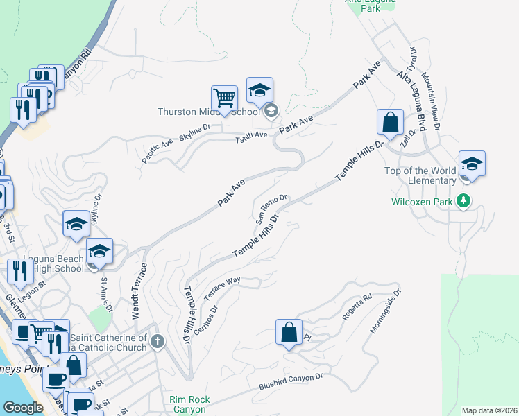 map of restaurants, bars, coffee shops, grocery stores, and more near 1980 San Remo Drive in Laguna Beach