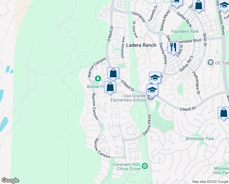 map of restaurants, bars, coffee shops, grocery stores, and more near 112 Hinterland Way in Mission Viejo