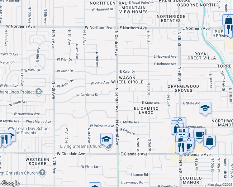 map of restaurants, bars, coffee shops, grocery stores, and more near 7502 North Central Avenue in Phoenix