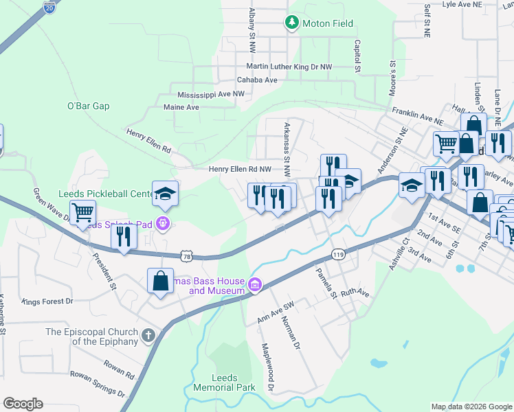 map of restaurants, bars, coffee shops, grocery stores, and more near 1520 Illinois Street in Leeds