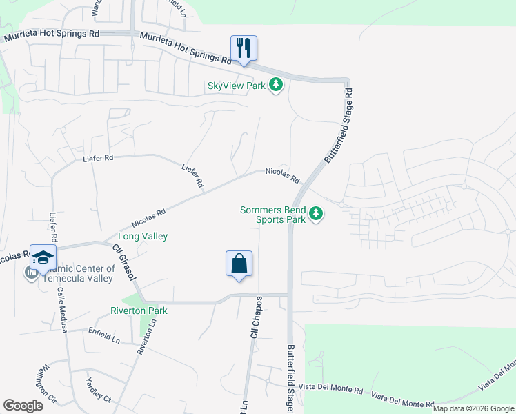 map of restaurants, bars, coffee shops, grocery stores, and more near Butterfield Stage Road in Temecula