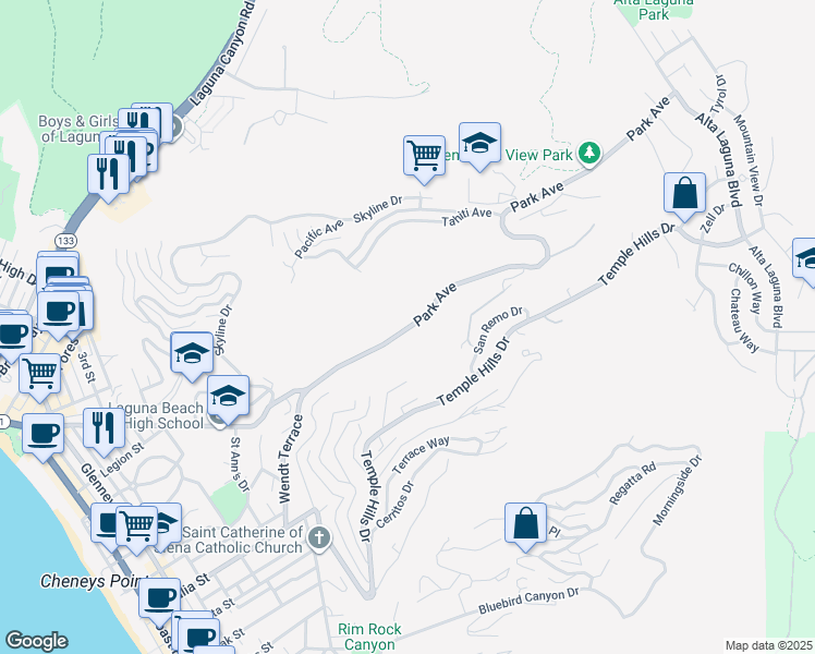 map of restaurants, bars, coffee shops, grocery stores, and more near Park Avenue in Laguna Beach