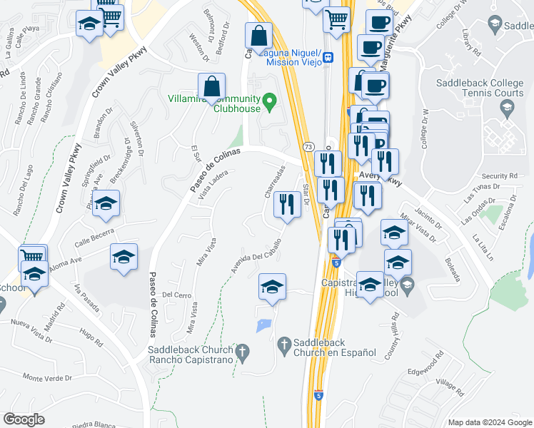 map of restaurants, bars, coffee shops, grocery stores, and more near 28752 Charreadas in Laguna Niguel