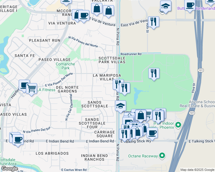map of restaurants, bars, coffee shops, grocery stores, and more near 8759 East Vía Del Arbor in Scottsdale