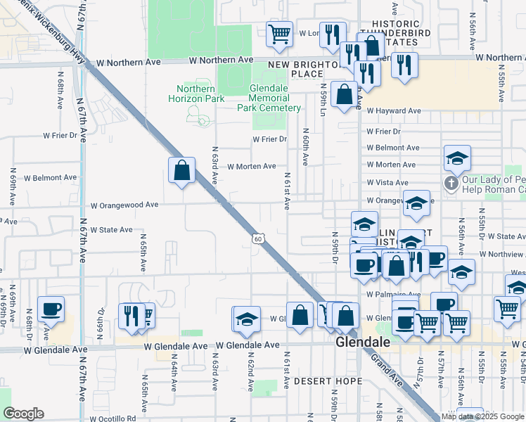 map of restaurants, bars, coffee shops, grocery stores, and more near 7416 North 62nd Avenue in Glendale