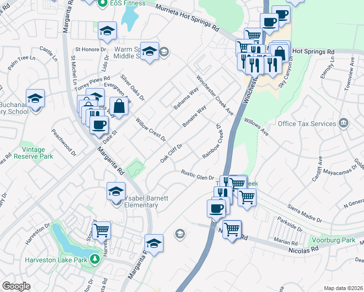 map of restaurants, bars, coffee shops, grocery stores, and more near 39537 Oak Cliff Drive in Temecula