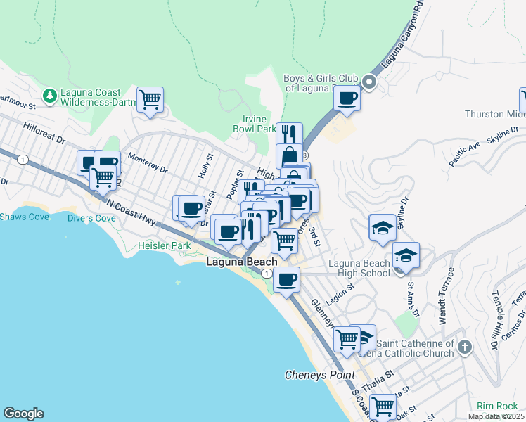 map of restaurants, bars, coffee shops, grocery stores, and more near 103 Cypress Drive in Laguna Beach
