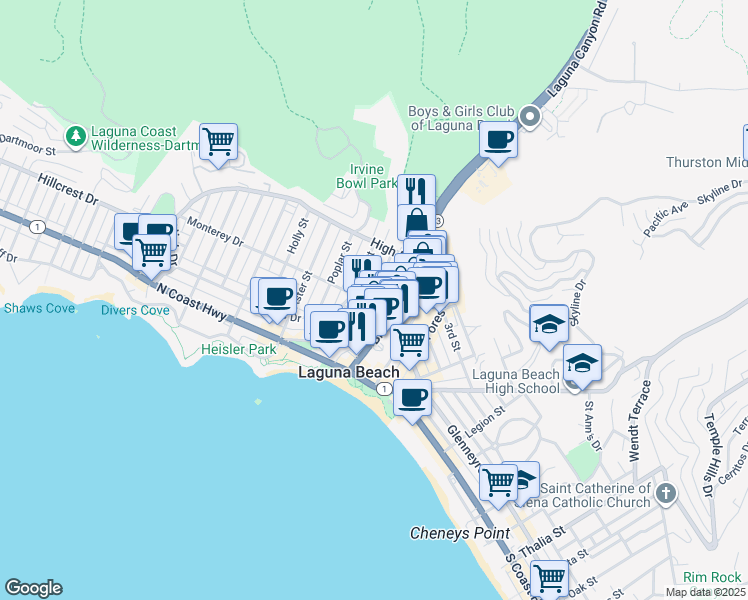 map of restaurants, bars, coffee shops, grocery stores, and more near 103 Cypress Drive in Laguna Beach