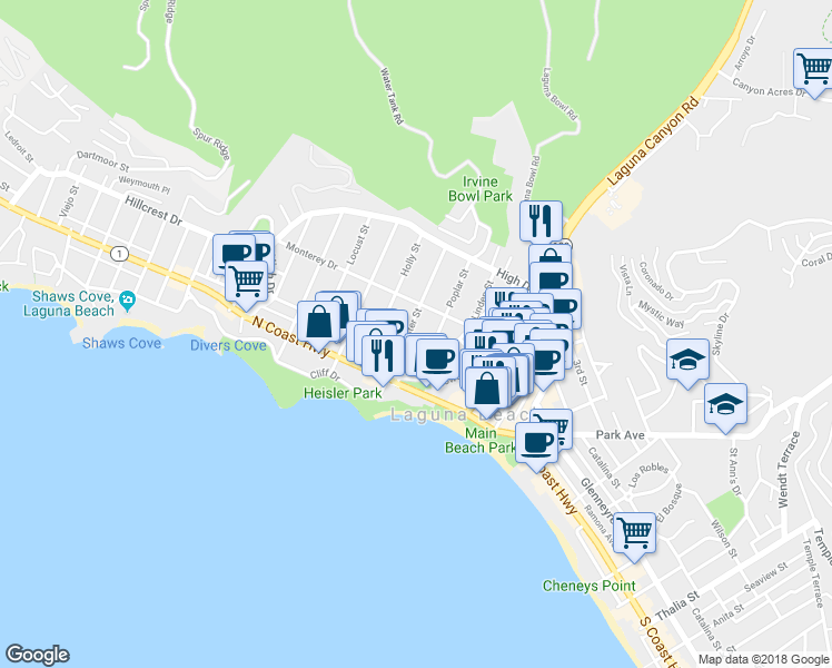 map of restaurants, bars, coffee shops, grocery stores, and more near 380 Aster Street in Laguna Beach
