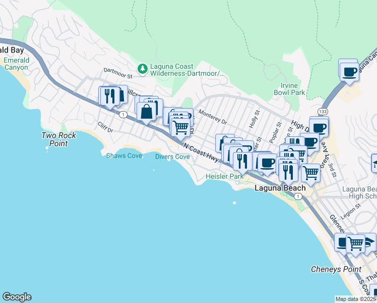 map of restaurants, bars, coffee shops, grocery stores, and more near 590 North Coast Highway in Laguna Beach