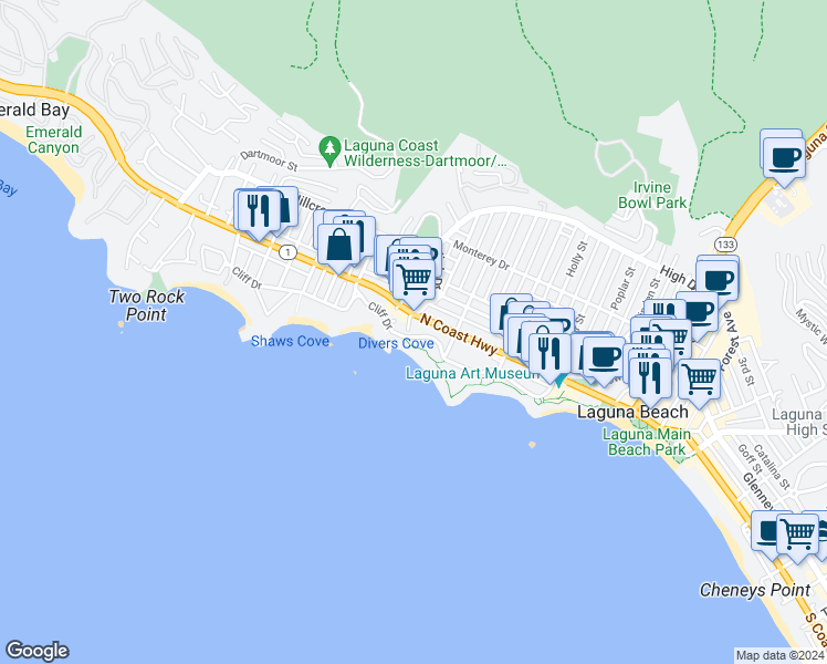 map of restaurants, bars, coffee shops, grocery stores, and more near 594 Cliff Drive in Laguna Beach