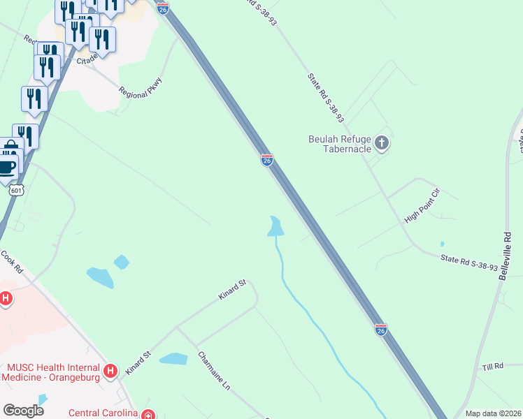 map of restaurants, bars, coffee shops, grocery stores, and more near 1 Citadel Road in Orangeburg