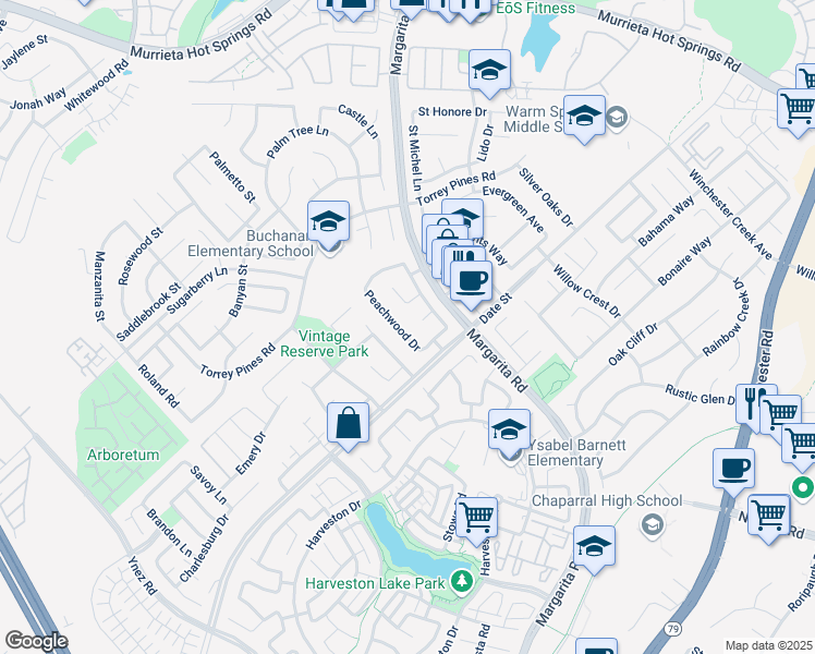map of restaurants, bars, coffee shops, grocery stores, and more near 26704 Peachwood Drive in Murrieta