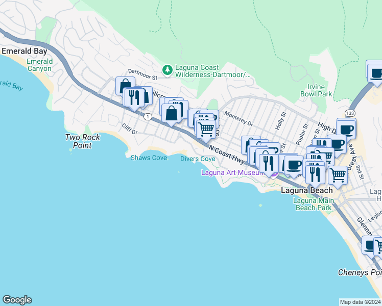 map of restaurants, bars, coffee shops, grocery stores, and more near 631 Cliff Drive in Laguna Beach