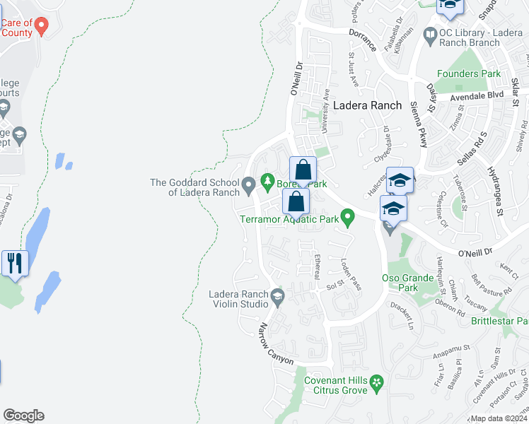 map of restaurants, bars, coffee shops, grocery stores, and more near 1 Queensberry Drive in Ladera Ranch