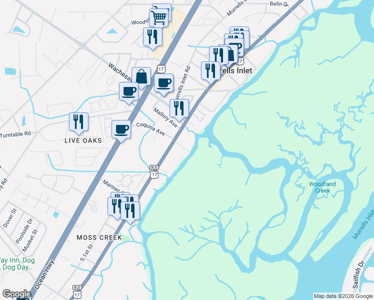 map of restaurants, bars, coffee shops, grocery stores, and more near 4657 U.S. 17 Business in Murrells Inlet