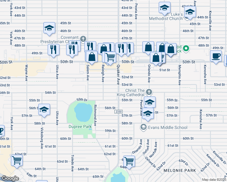 map of restaurants, bars, coffee shops, grocery stores, and more near 4403 53rd Street in Lubbock