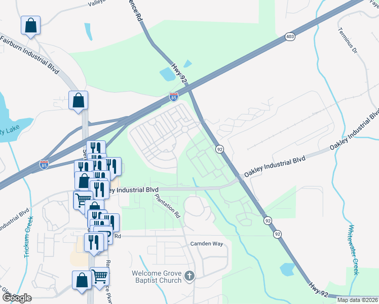 map of restaurants, bars, coffee shops, grocery stores, and more near 7615 Avalon Boulevard in Fairburn