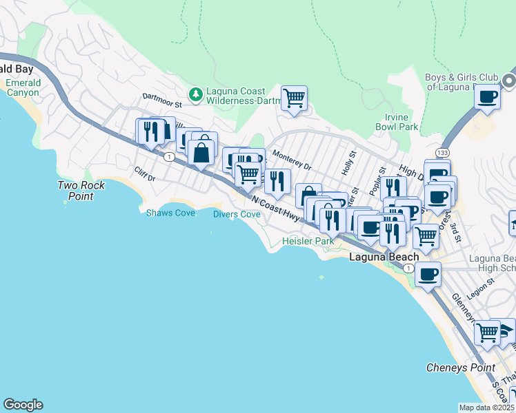 map of restaurants, bars, coffee shops, grocery stores, and more near 590 North Coast Highway in Laguna Beach