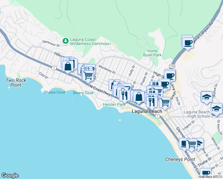 map of restaurants, bars, coffee shops, grocery stores, and more near 425 Cypress Drive in Laguna Beach