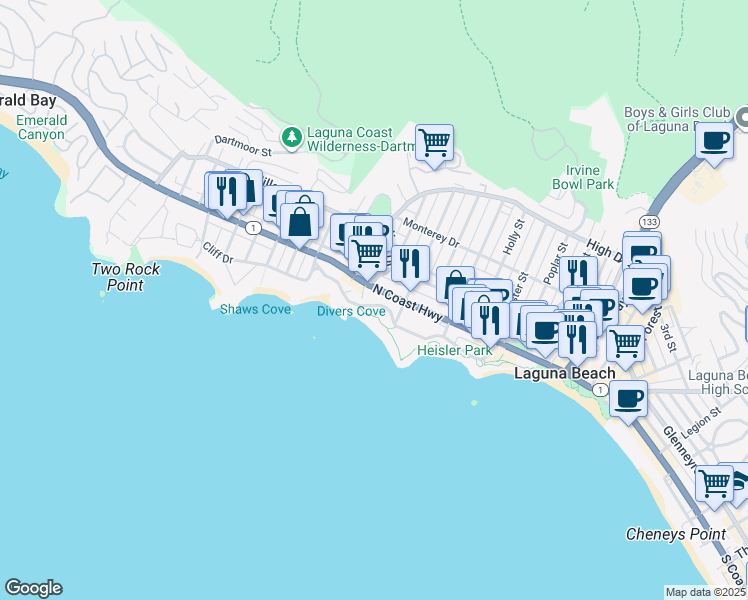 map of restaurants, bars, coffee shops, grocery stores, and more near 564 Cliff Drive in Laguna Beach