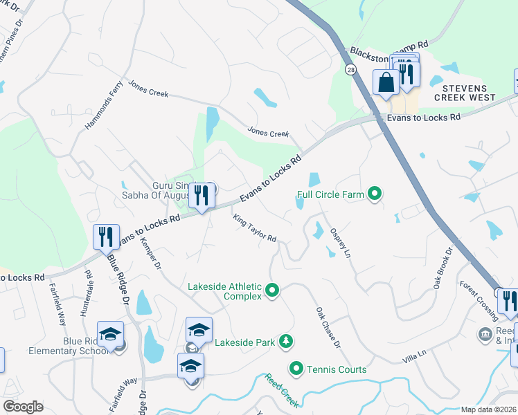 map of restaurants, bars, coffee shops, grocery stores, and more near 300 Ash Court in Evans