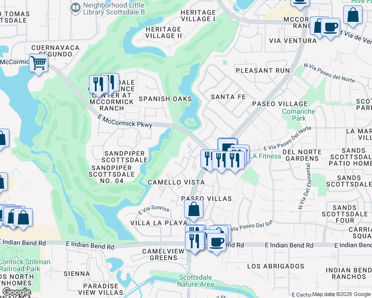 map of restaurants, bars, coffee shops, grocery stores, and more near 7420 North Vía Camello Del Norte in Scottsdale