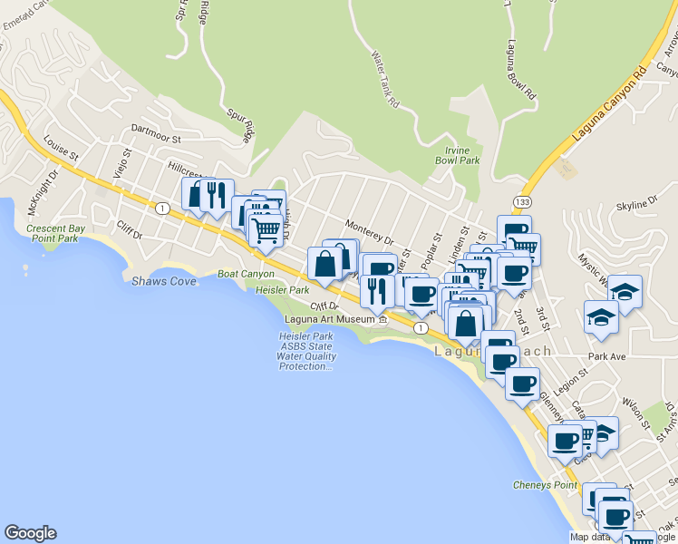 map of restaurants, bars, coffee shops, grocery stores, and more near 425 Cypress Drive in Laguna Beach