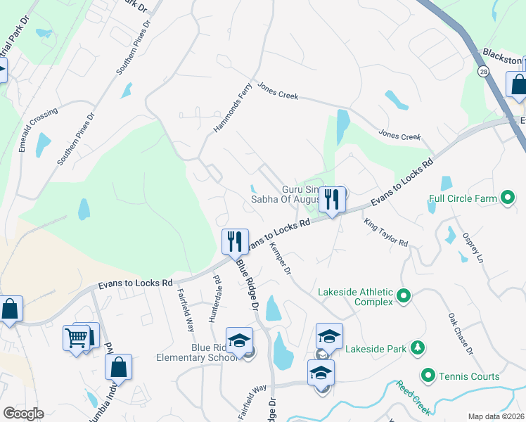 map of restaurants, bars, coffee shops, grocery stores, and more near 607 McKinne's Branch in Evans