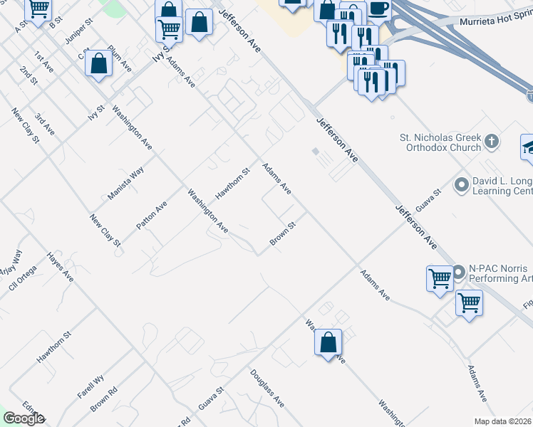 map of restaurants, bars, coffee shops, grocery stores, and more near 25407 Champlain Avenue in Murrieta