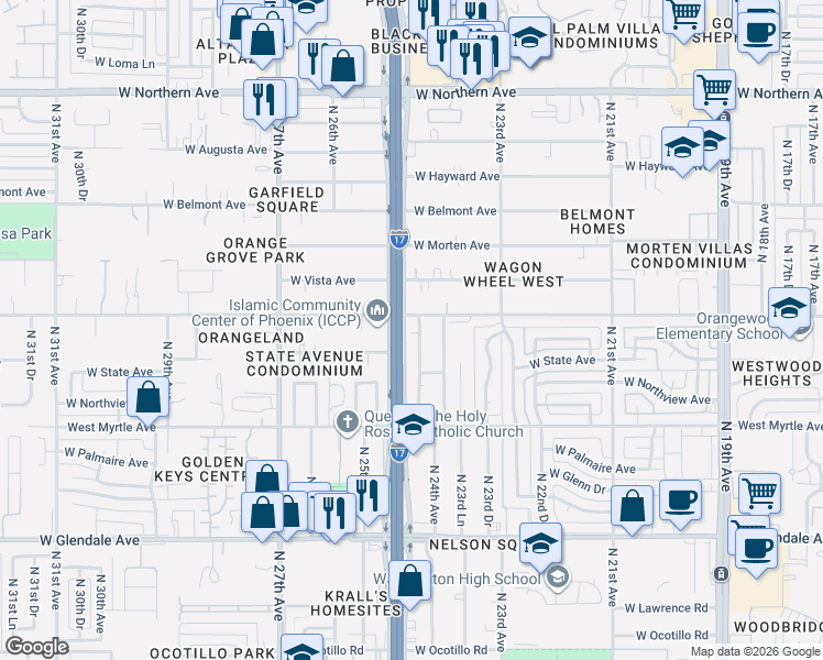 map of restaurants, bars, coffee shops, grocery stores, and more near 7351 North Black Canyon Highway in Phoenix