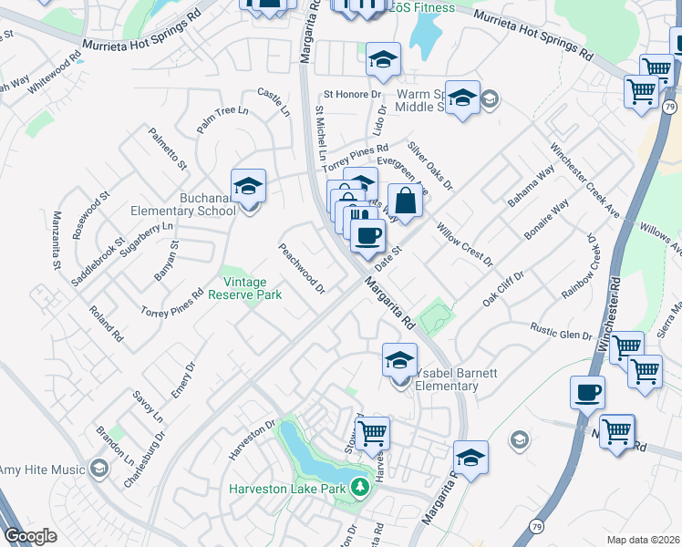 map of restaurants, bars, coffee shops, grocery stores, and more near 37974 Orange Blossom Lane in Murrieta