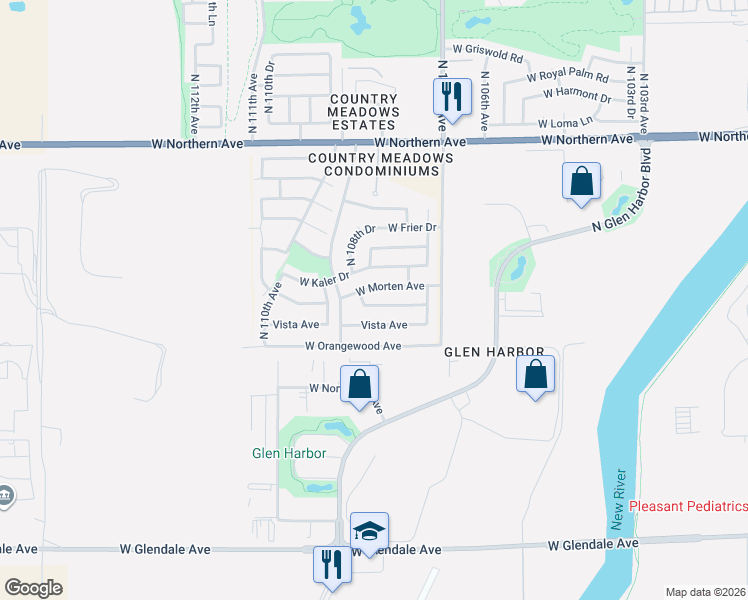 map of restaurants, bars, coffee shops, grocery stores, and more near 10826 West Morten Avenue in Glendale