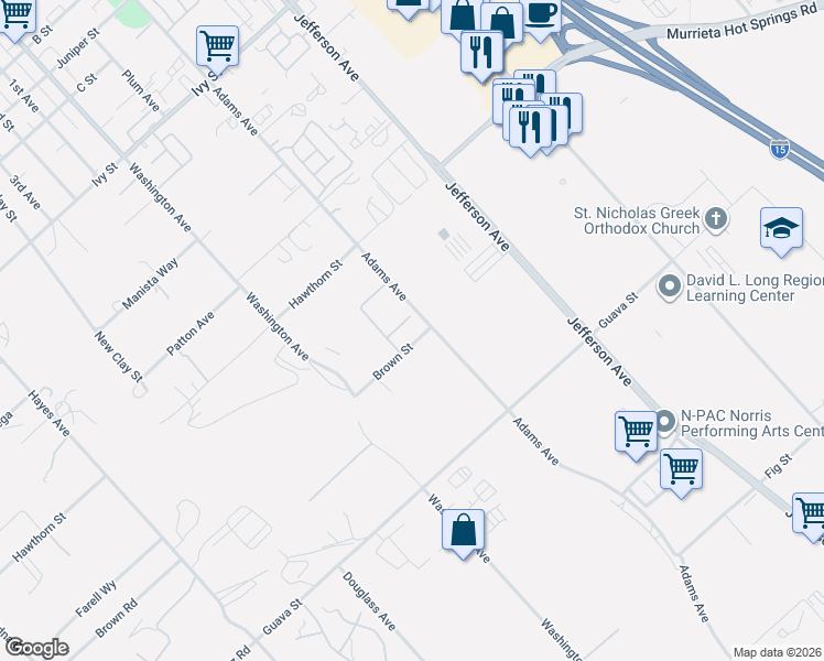 map of restaurants, bars, coffee shops, grocery stores, and more near 41782 Octavia Court in Murrieta