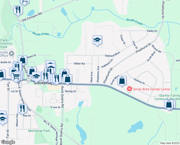 map of restaurants, bars, coffee shops, grocery stores, and more near 115 Neal Avenue in Stockbridge