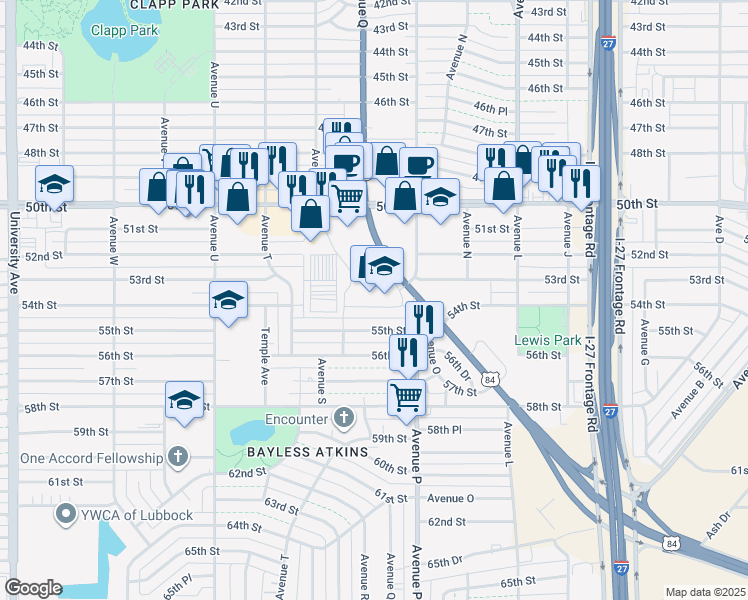 map of restaurants, bars, coffee shops, grocery stores, and more near 5300 Avenue Q in Lubbock