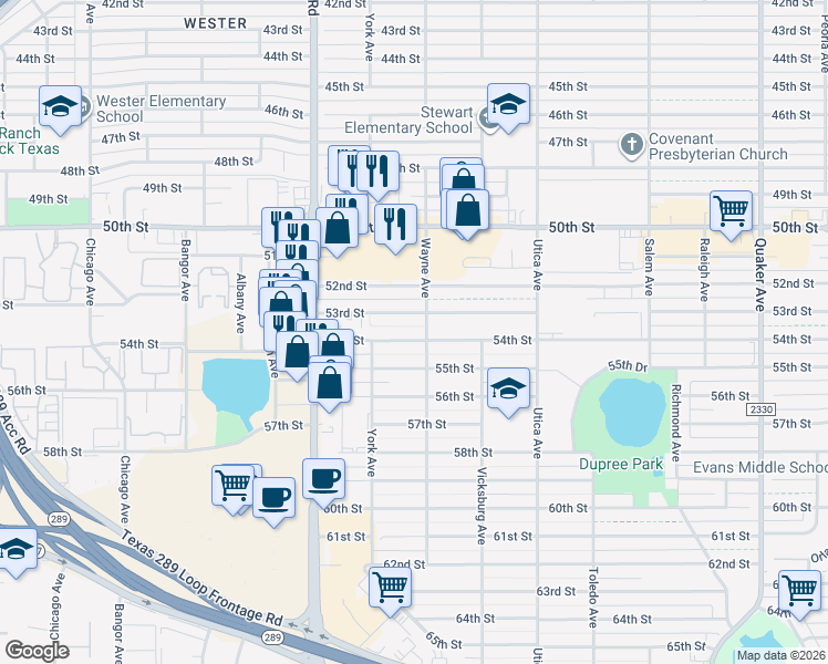 map of restaurants, bars, coffee shops, grocery stores, and more near 5004 54th Street in Lubbock