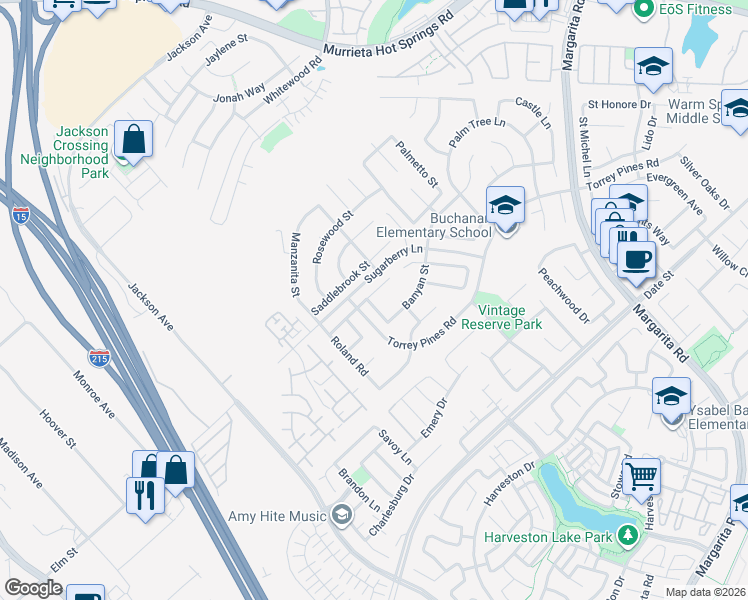 map of restaurants, bars, coffee shops, grocery stores, and more near 40316 Saddlebrook Street in Murrieta