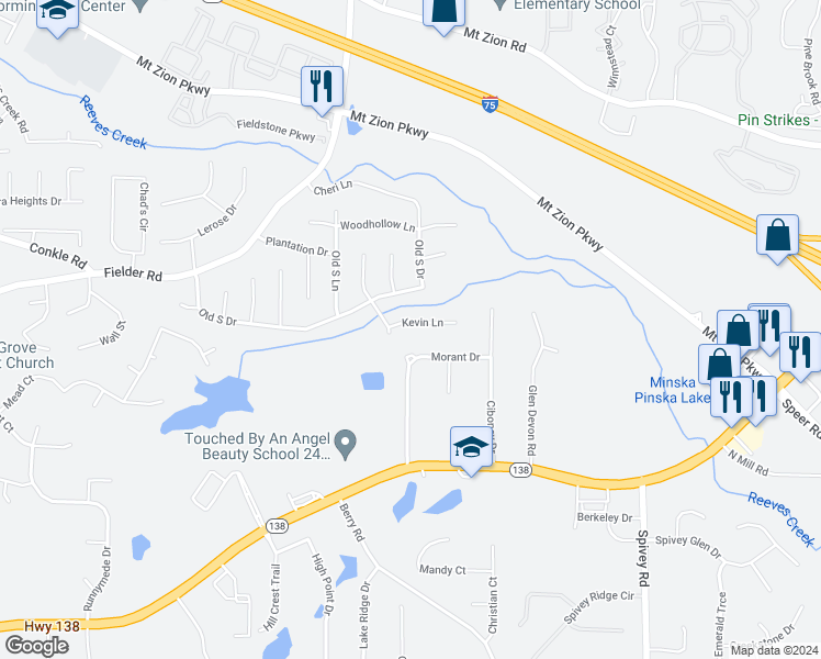 map of restaurants, bars, coffee shops, grocery stores, and more near 2873 Kevin Lane in Jonesboro