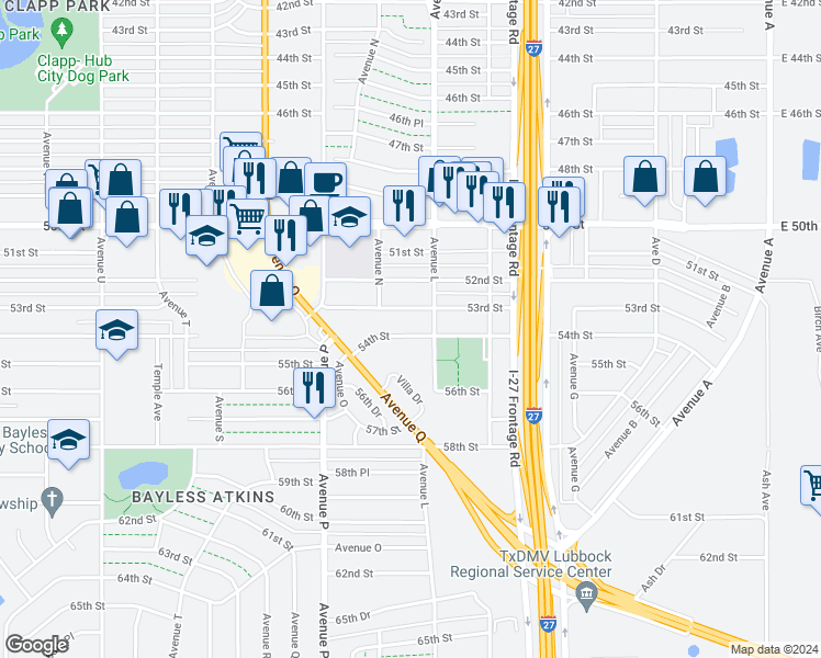 map of restaurants, bars, coffee shops, grocery stores, and more near 1311 53rd Street in Lubbock
