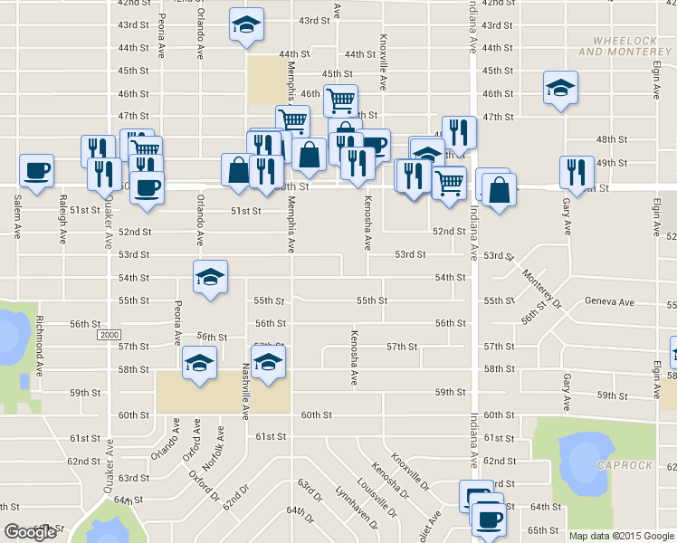 map of restaurants, bars, coffee shops, grocery stores, and more near 5302 Kenosha Avenue in Lubbock