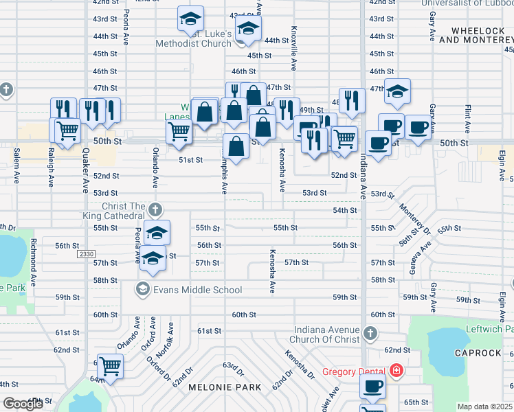 map of restaurants, bars, coffee shops, grocery stores, and more near 3709 53rd Street in Lubbock
